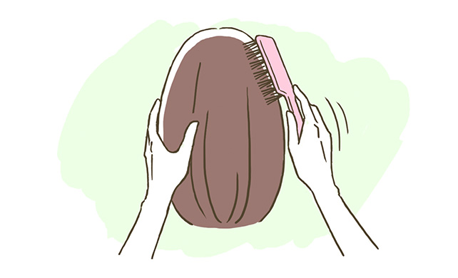 毛の絡みやホコリを取り除くため、毛先からブラッシングをします。その後、全体的にブラッシングをします。